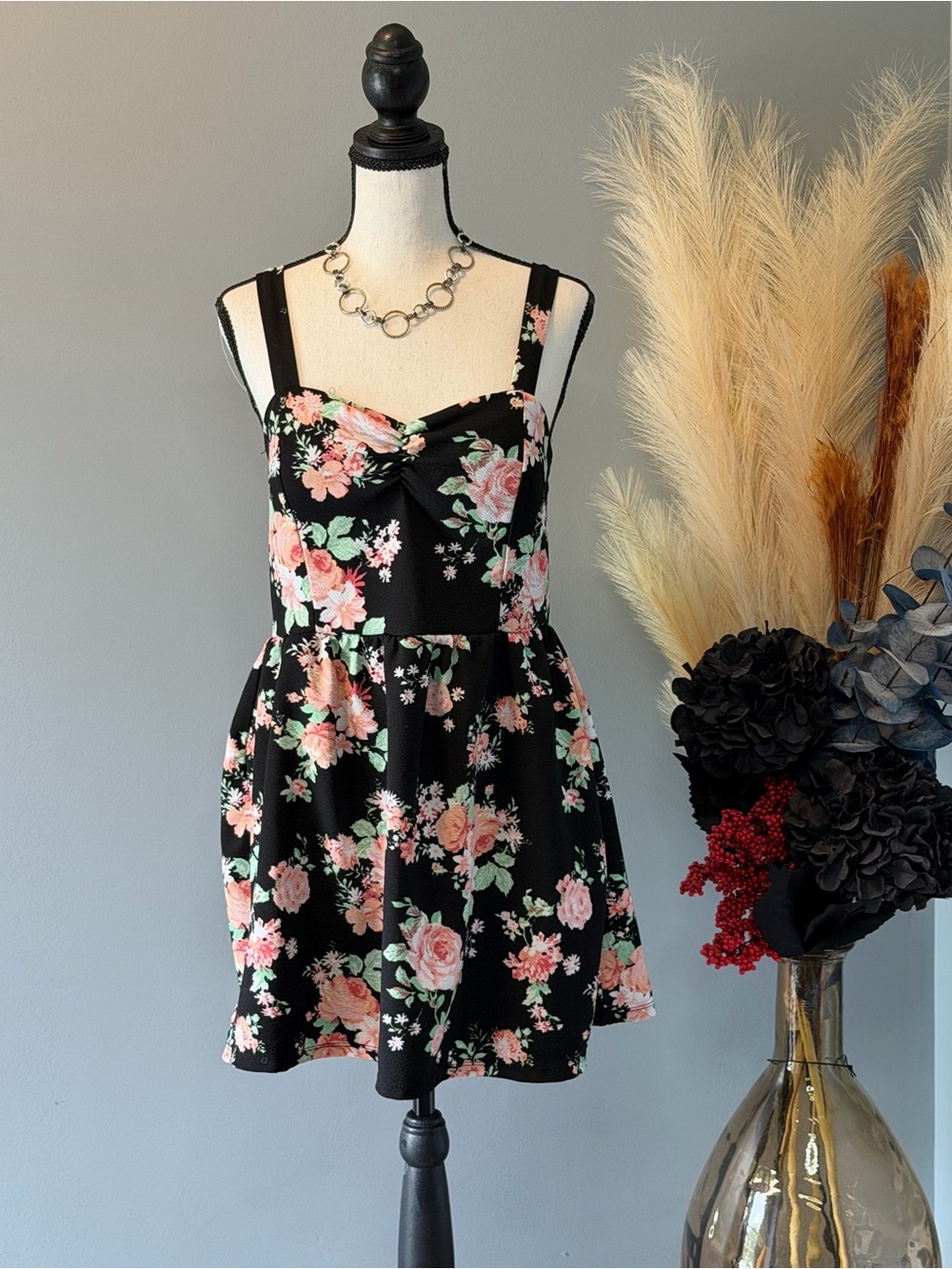 No Boundaries Black Mini Dress with Pink Floral Print